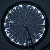 LED Bicycle Rim Spoke String Lights displayed on a bicycle wheel, featuring 20 LED lights on an 86-inch string, enhancing low-light safety with steady and flash modes.