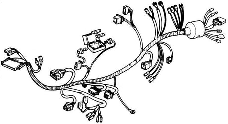Wire Harness for Honda Elite 250 (1988 Models) (OEM) depicted in a detailed line drawing wiring diagram, showing the precise layout and connections of the harness components.