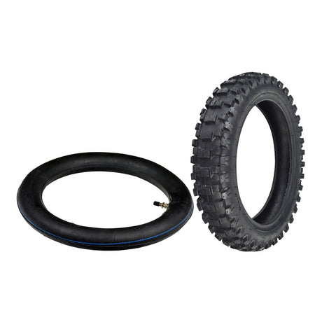2.50-10 Dirt Bike Tire for Baja, Honda, & Motovox Dirt Bikes with a blue stripe and directional knobby tread pattern. Suitable for 49cc, 50cc, and 70cc mini dirt bikes.