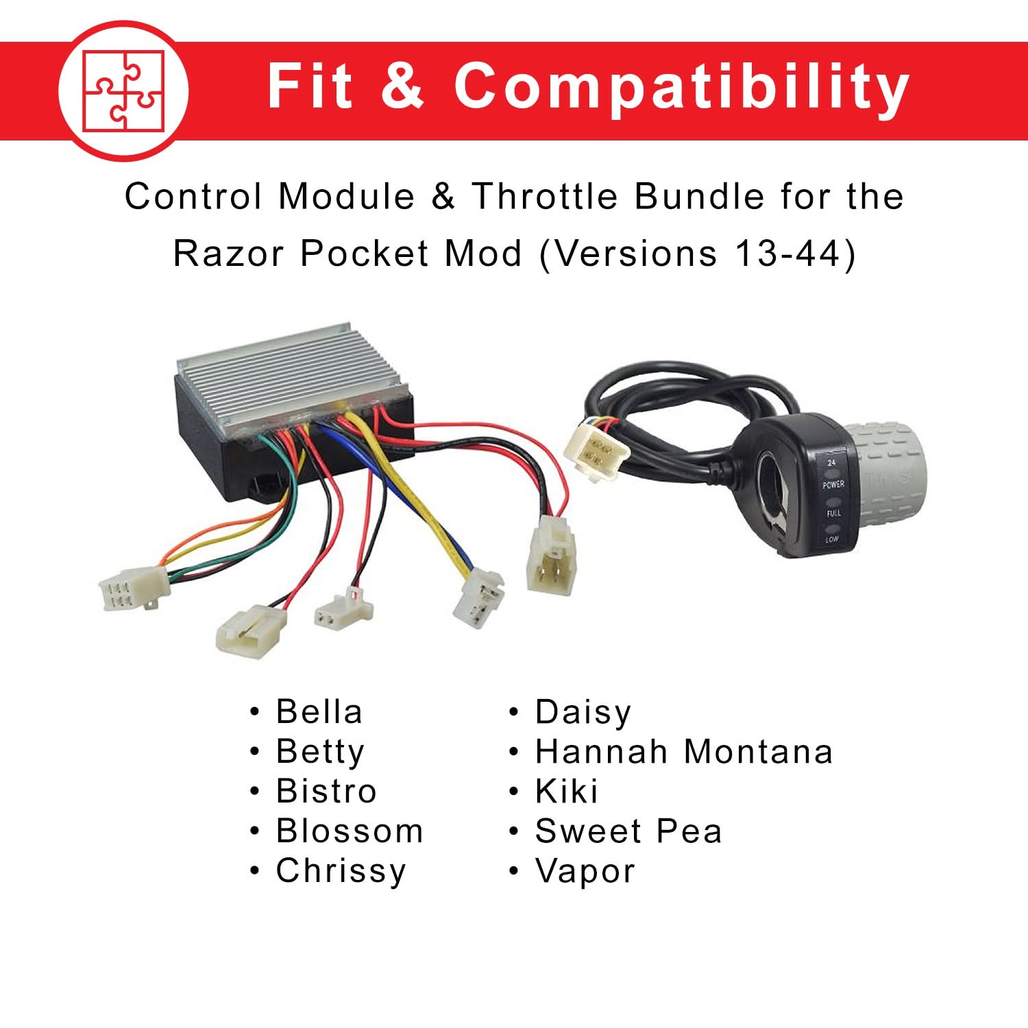 Close-up of the Razor Pocket Mod (Versions 13-44) HB2430-TYD6-FS 6-Wire Throttle & Control Module Bundle, showing connected wires and control module components.