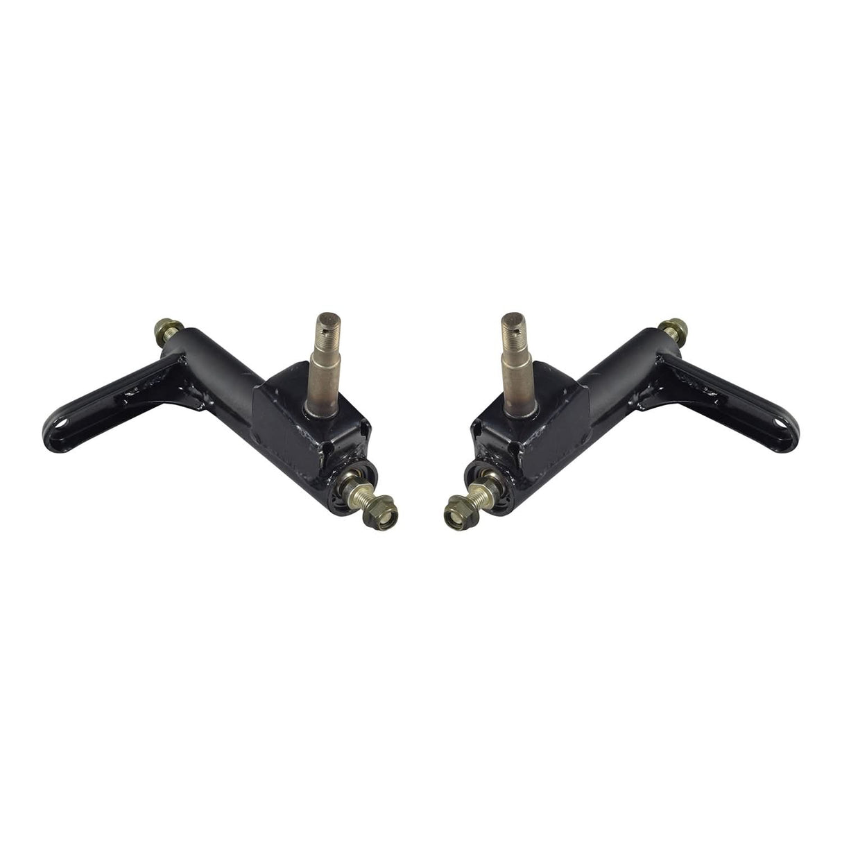 Spindle Steering Knuckle for the Coleman KT196 196cc 6.5 Hp Go-Kart; close-up view of black metal parts, possibly showing minor scuffs or scratches, essential for front suspension.