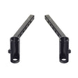 Leg Rest Hangers for the Pride Mobility Universal Seat Frame, featuring black metal bars with holes, compatible with various power chair models like Jazzy, Jet, and Quantum.