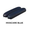 Blue 10 Desk Length Padded Vinyl Armrests for Mobility Scooters (Set of 2), displayed inside a blue eyeglasses case, showcasing their rectangular shape and smooth surface.