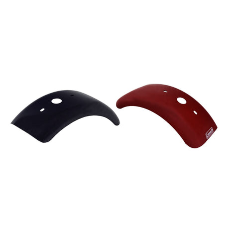 Front Fender for the Coleman CT100U Mini Bike, featuring a durable metal construction with multiple holes for mounting. Available in both black and red, perfect for replacing damaged fenders.