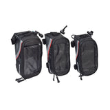 Weatherproof Top Tube Mount Smartphone Bag for Bikes featuring a transparent PVC window, reflective strips, U-shaped double zipper, and headset jack, displayed among other black bags in a collection.