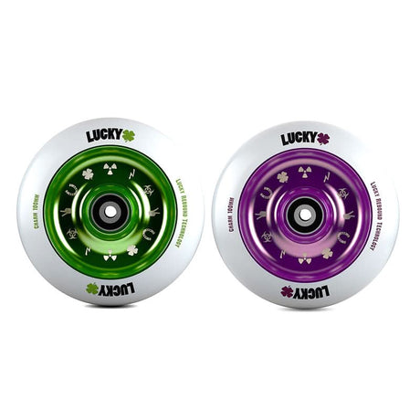 100 mm Lucky Charm Kick Scooter Wheel, featuring Rebound Technology™ for enhanced grip and smooth roll, available in various colors, shown with distinct logo on each wheel.