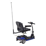 48 Multicolor LED Whip Light & Utility Cart Hitch Extender Kit for Mobility Scooters featuring a blue and black scooter with a long pole, a seat, and handlebars.