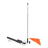 48 Multicolor LED Whip Light & Utility Cart Hitch Extender Kit for Mobility Scooters featuring a vibrant pole light with an orange flag and a black metal hitch extender with a mounting platform.
