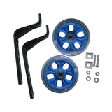 Training Wheels with Brackets & Hardware (Set of 2) featuring blue wheels, sturdy black metal brackets, and additional braces for stability, designed for kids' bikes with smaller rear wheels.