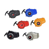 Pull Start for 47cc & 49cc ATVs, Dirt Bikes, & Pocket Bikes, featuring a black plastic casing with a logo and a round metal fan, surrounded by colorful plastic objects.