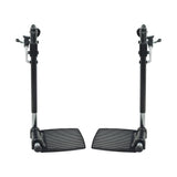 Elevating Leg Rest Style 12 with 8-1/2x6 Footplate for Jazzy and Jet Power Chairs, featuring a pair of foot pedals mounted on a black and silver stand, compatible with multiple models.