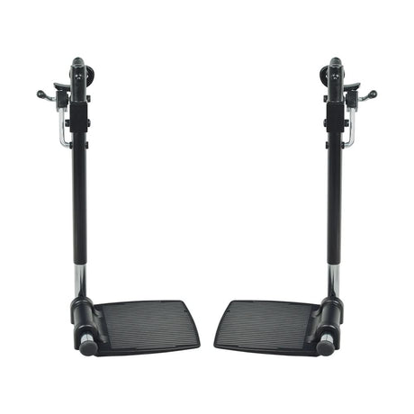 Elevating Leg Rest Style 12 with 8-1/2x6 Footplate for Jazzy and Jet Power Chairs, featuring a pair of foot pedals mounted on a black and silver stand, compatible with multiple models.