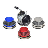 High Performance Carburetor for 48cc - 80cc 2-Stroke Bicycle Engine Kits, shown with close-up views of its air filters and black plastic shroud, highlighting its detailed construction and upgrade options.