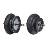Front Wheel Assembly for the Razor Crazy Cart XL, featuring a close-up of the complete assembly with a 200x50 pneumatic tire, inner tube, hub, rim, chain plate, sprocket, and axle rod.