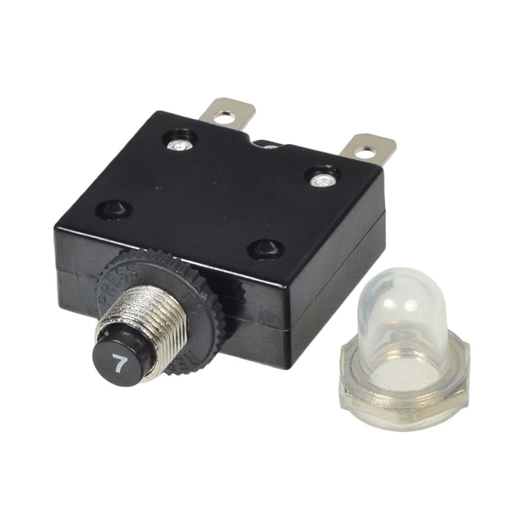 7 Amp Push Button Circuit Breaker for the Razor E100 Glow, featuring a black box with a clear cap and a silver knob, designed to protect electric scooters from electrical overloads.