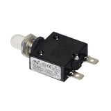 7 Amp Push Button Circuit Breaker for the Razor E100 Glow, showing a black electrical device with a white label, close-up of a black box, and clear plastic boot for dust and moisture protection.