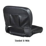 Universal Seat Assembly for the Golden Buzzaround XL (GB116) & LiteRider PTC (GP162), featuring a close-up of the black leather chair's textured upholstery and underside mounting holes.