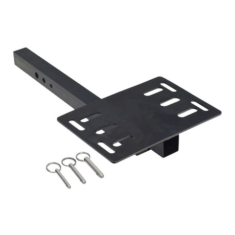 Universal Mobility Scooter Trunk Mounting Bracket (Rear Hitch Mount) showing a black metal object with three adjustment holes, a welded steel platform, and three included quick release pins.