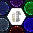 LED Bicycle Rim Spoke String Lights displayed on various bicycle wheels, showcasing their vibrant illumination and easy installation. A close-up highlights the switch and a silver device with a red button.