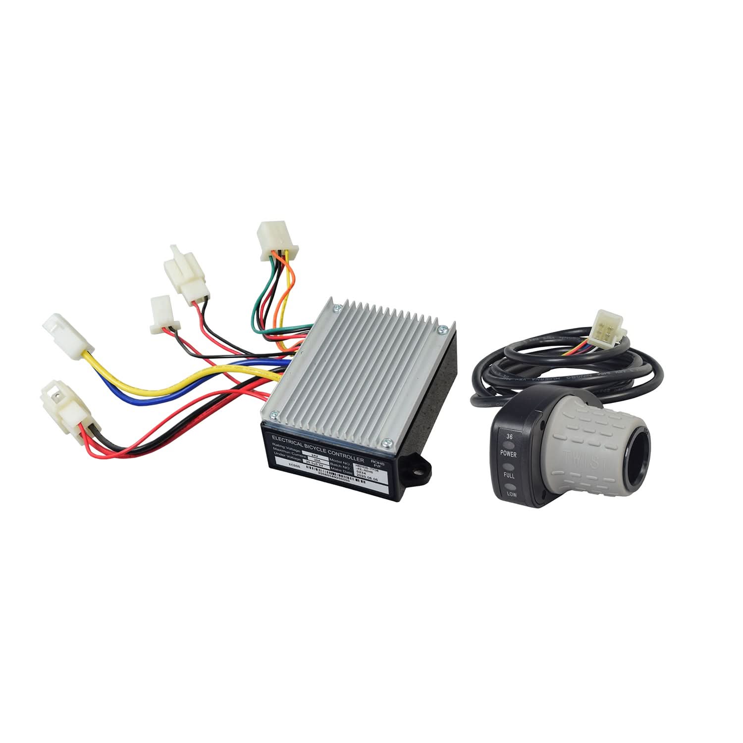 Close-up of 201C6-3A / HB2430TYD-FS Razor 6-Wire Throttle & Controller Bundle, showcasing several colored wires, black cables, and an electrical device, a replacement for CT-201C6 modules.