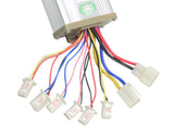 48 Volt 1200 Watt Universal Speed & Voltage Controller for Scooters, Bikes, & Go-Karts, showing close-up of various colored wires and connectors for motor, battery, indicator, power locks, charge, and brakes.