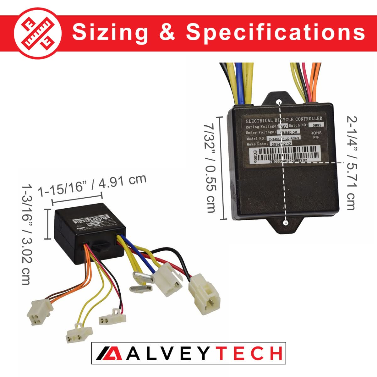 ZK2400-DP-FS Control Module with 4-Wire Throttle Connector for Razor eSpark and E100/E125 (Versions 10+), showing a black electronic device with several colorful wires attached.