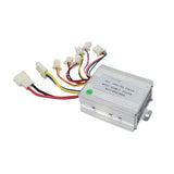 Close-up of the 24 Volt 350 Watt Universal Speed & Voltage Controller, showing detailed wiring connections and components, including colored wires and white connectors, suitable for various electric scooters.