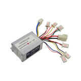 24 Volt 250 Watt Universal Speed & Voltage Controller with eight connectors for motor, battery, charge, derailleur, lock, brake, and brake signal. Includes visible wiring and a close-up of the controller.