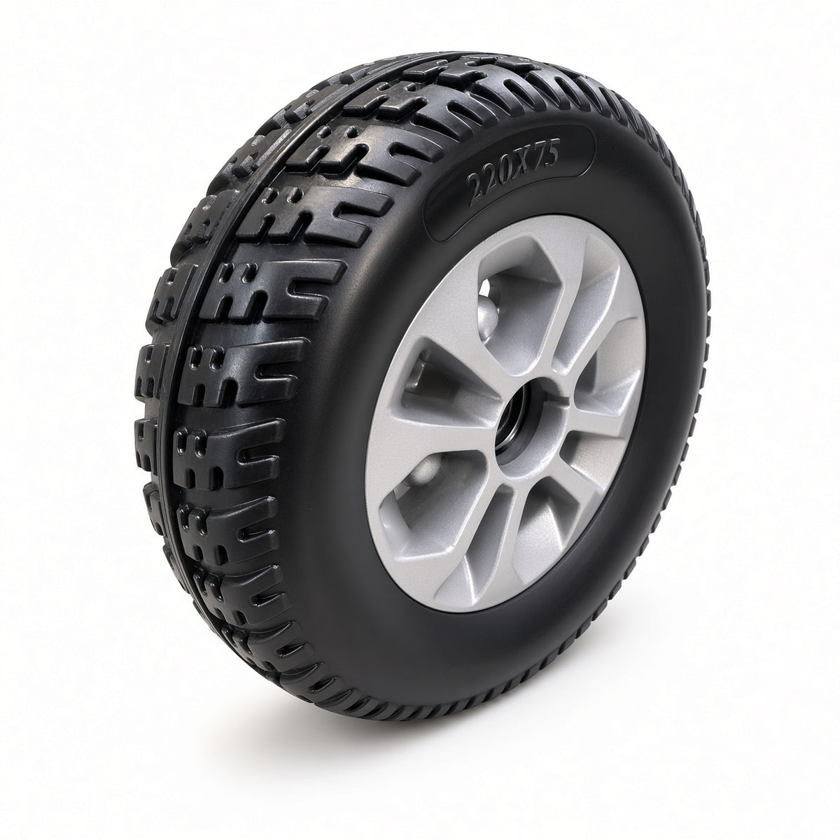 Golden LiteRider GL141 front wheel assembly MBW-LTRD-MAG-AL4 — 220x75 solid black knobby tire on a silver mag rim, angled view
